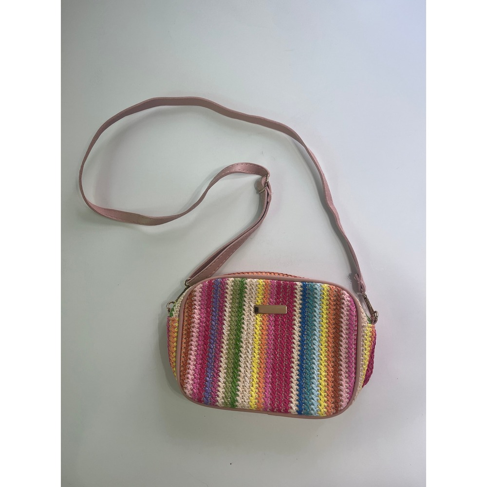 Rainbow Striped Woven Straw Crossbody Bag Pink Strap Summer Festival Boho